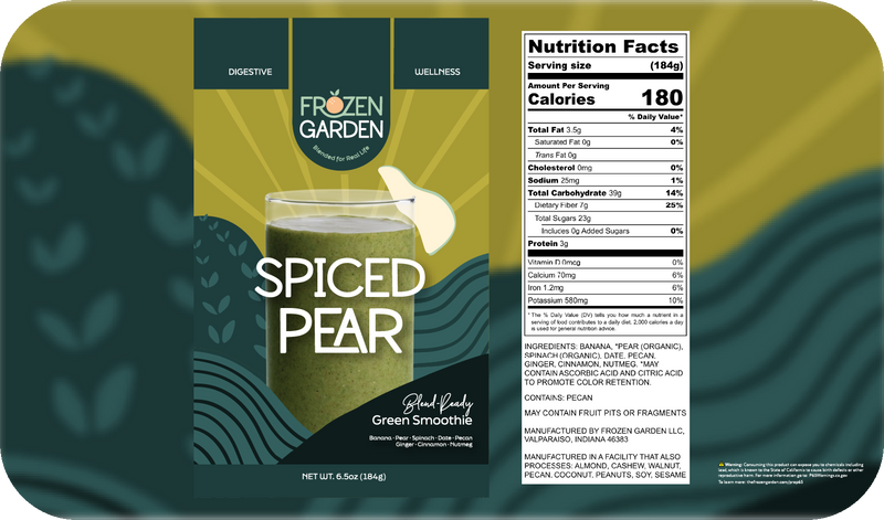 Spiced Pear smoothie front pouch and detailed nutrition facts label side by side - Frozen Garden spiced fruit smoothie.