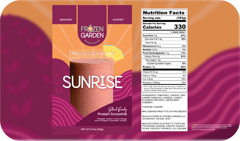 Sunrise smoothie front pouch and detailed nutrition facts label side by side - Frozen Garden tropical fruit smoothie.