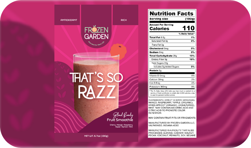 That’s So Razz smoothie front pouch and detailed nutrition facts label side by side - Frozen Garden berry smoothie.