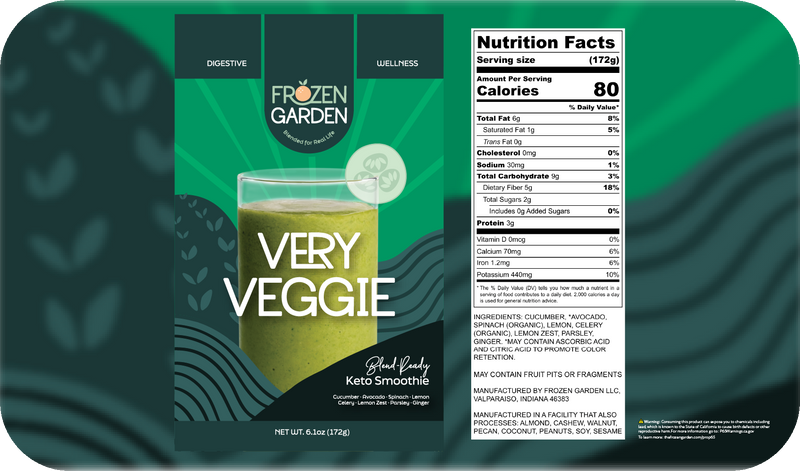 Very Veggie smoothie front pouch and detailed nutrition facts label side-by-side - Frozen Garden keto smoothie.