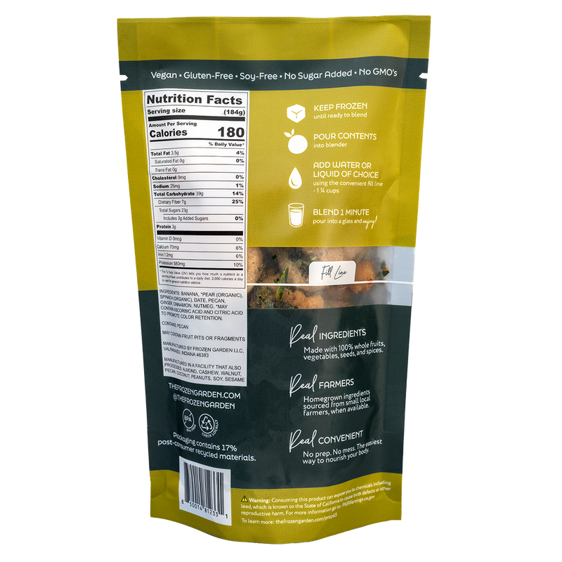 Back of Spiced Pear smoothie pouch showing nutrition facts, ingredients and blending instructions - Frozen Garden.