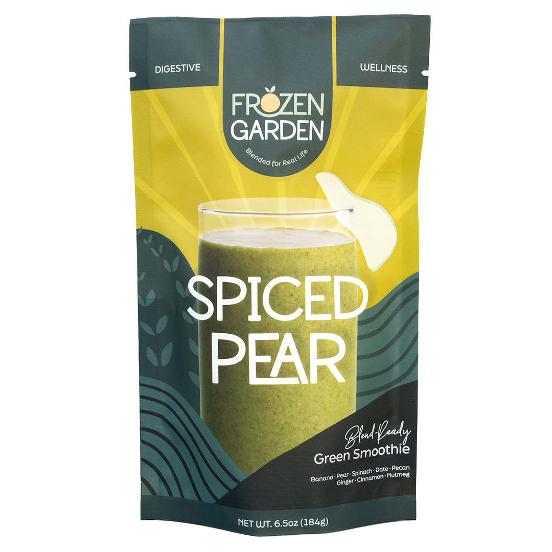 Frozen Garden Spiced Pear green smoothie package on a white background