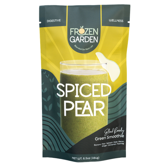 Frozen Garden Spiced Pear green smoothie package on a white background