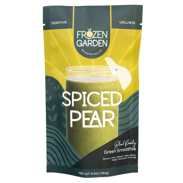 Spiced Pear smoothie pouch with pear, banana and cinnamon - Frozen Garden ready to blend seasonal smoothie.