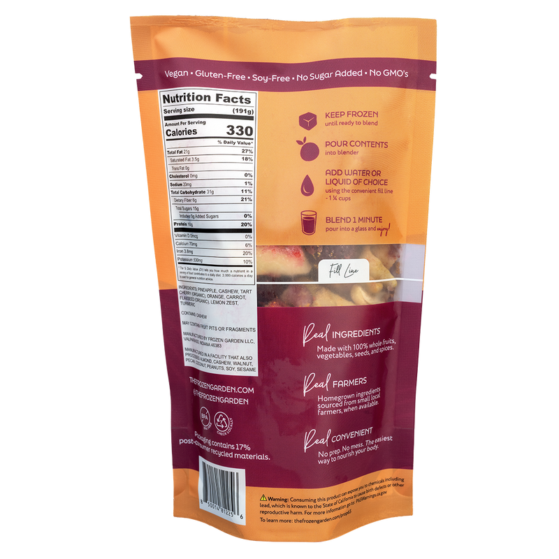 Back of Sunrise smoothie pouch showing nutrition facts, ingredients and blending instructions - Frozen Garden.