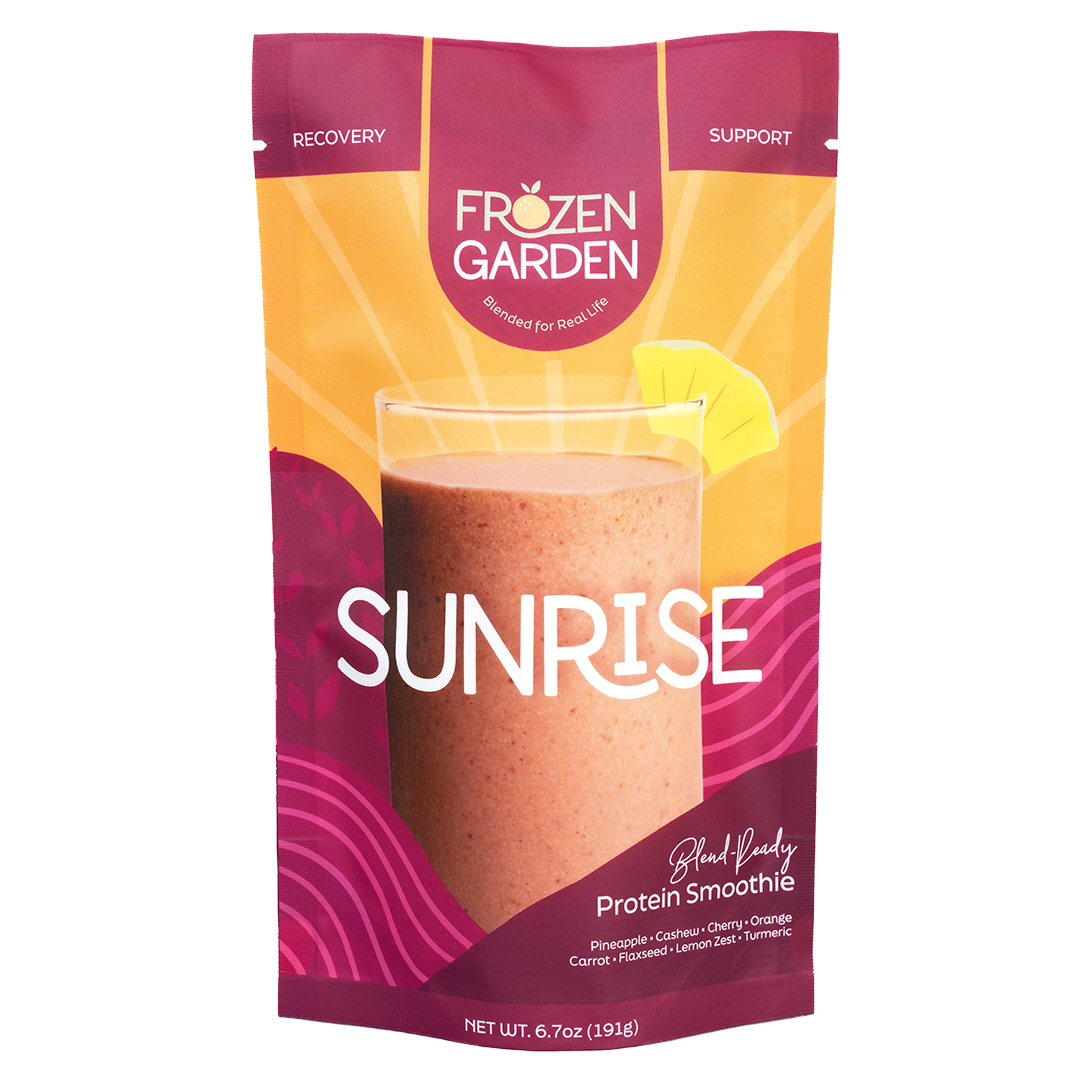 Sunrise smoothie pouch with cherry, pineapple and orange - Frozen Garden ready to blend tropical breakfast smoothie.