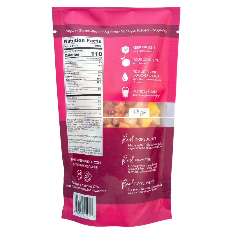 Back of That’s So Razz smoothie pouch showing nutrition facts, ingredients and blending instructions - Frozen Garden.