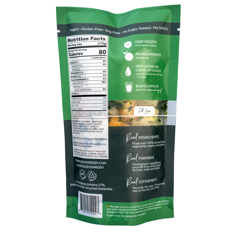 Back of Very Veggie smoothie pouch showing nutrition facts, ingredients and blending instructions - Frozen Garden.