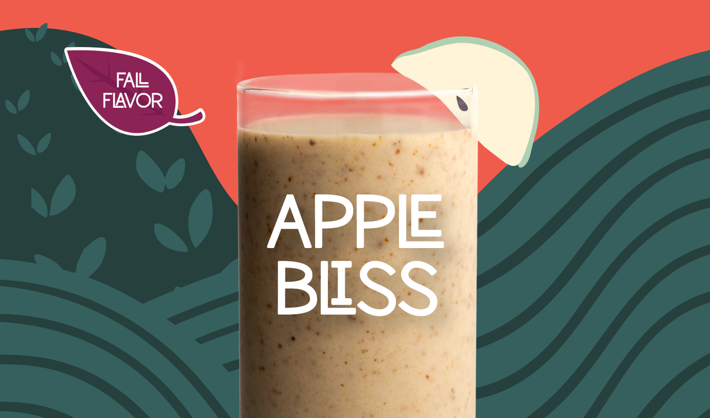 Blended Apple Bliss smoothie in glass, creamy tan color with apple design - Frozen Garden healthy fruit smoothie.