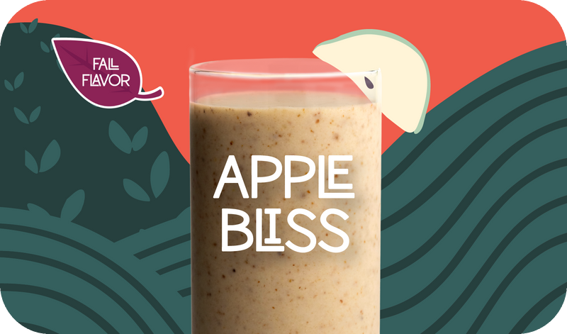Blended Apple Bliss smoothie in glass, creamy tan color with apple design - Frozen Garden healthy fruit smoothie.
