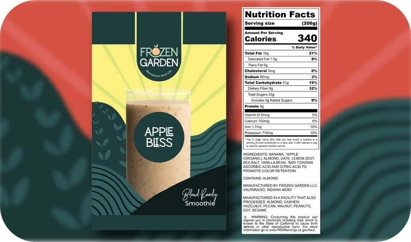Apple Bliss smoothie front pouch and detailed nutrition facts label side by side - Frozen Garden apple smoothie.