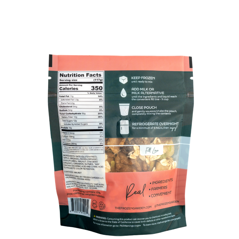 Apple Walnut Overnight Oats pouch back on white background with apple, oats and walnuts - Frozen Garden plant-based breakfast.