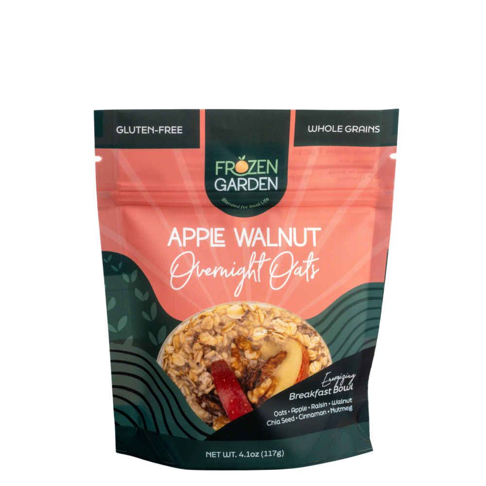 Apple Walnut Overnight Oats pouch on white background with apple, oats and walnuts - Frozen Garden plant-based breakfast.