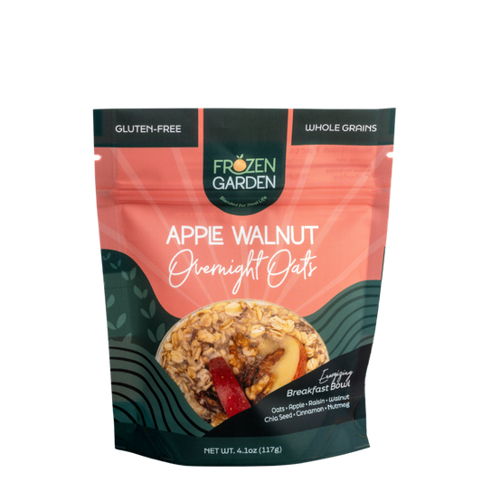 Apple Walnut Overnight Oats pouch on white background with apple, oats and walnuts - Frozen Garden plant-based breakfast.