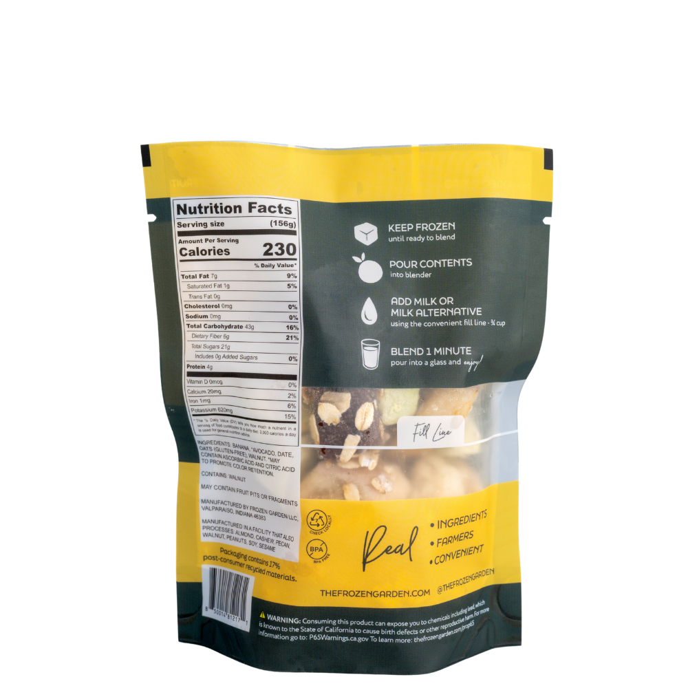 Banana Bread Delite pouch back with banana, oats and walnuts - Frozen Garden ready to enjoy plant-based dessert.