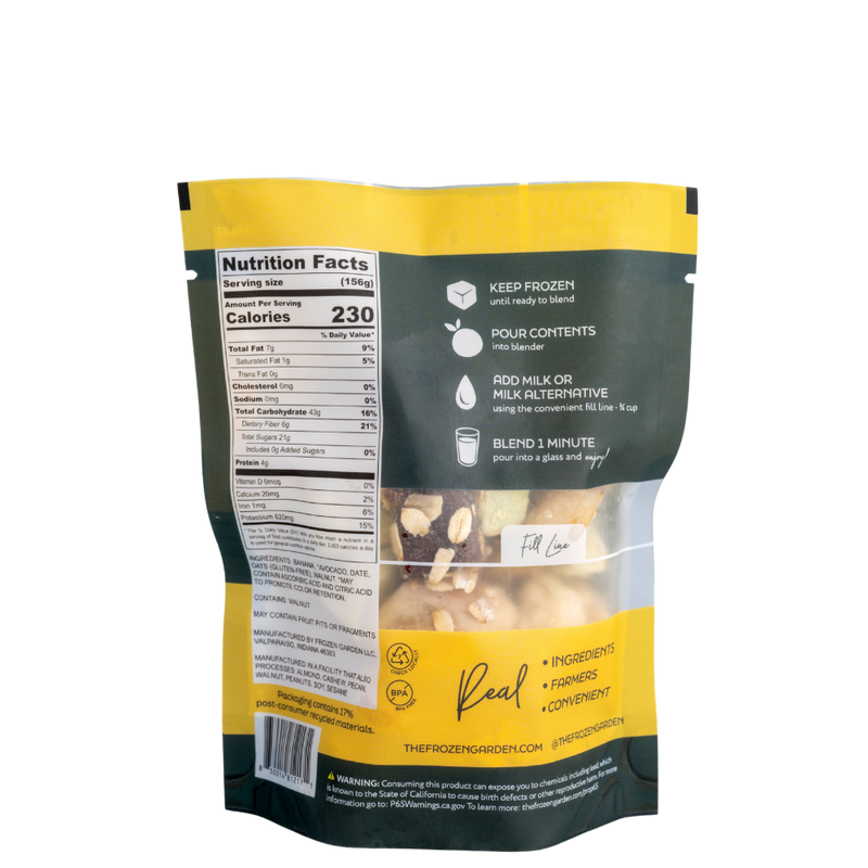 Banana Bread Delite pouch back with banana, oats and walnuts - Frozen Garden ready to enjoy plant-based dessert.