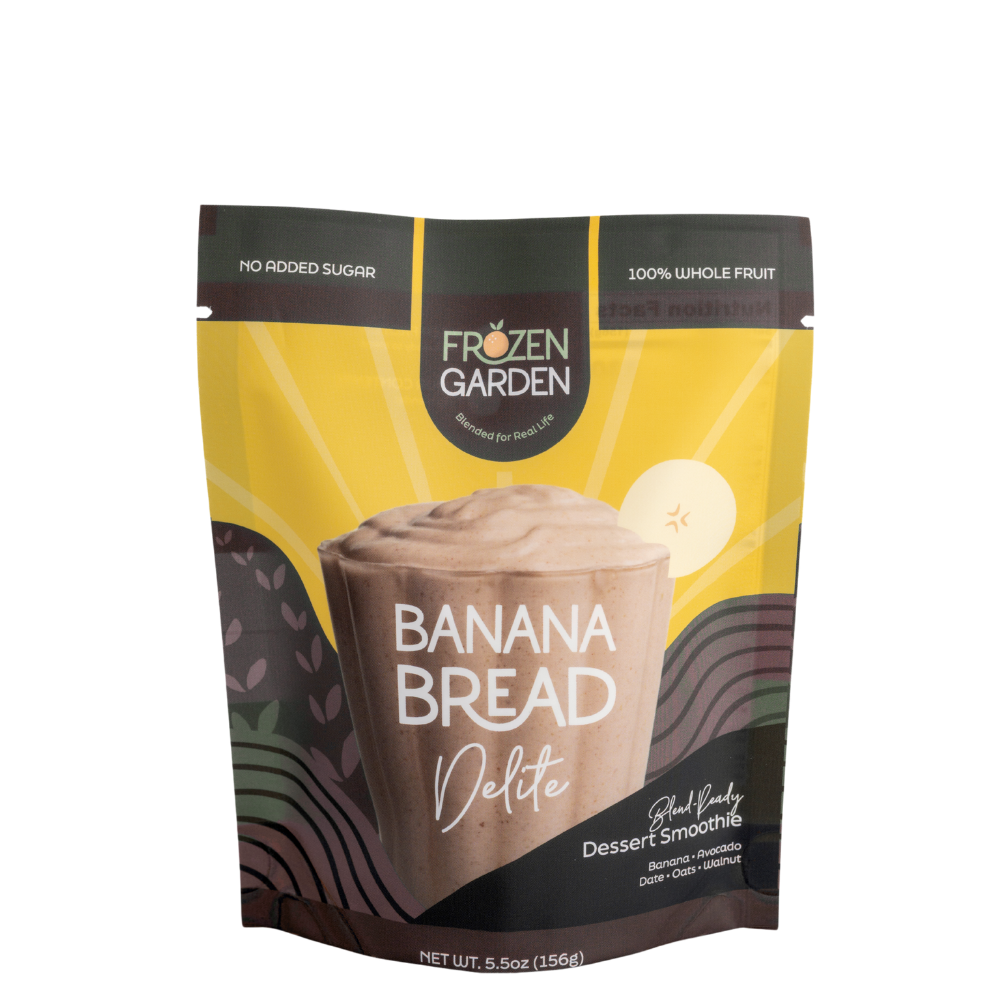 Banana Bread Delite pouch with banana, oats and walnuts - Frozen Garden ready to enjoy plant-based dessert.