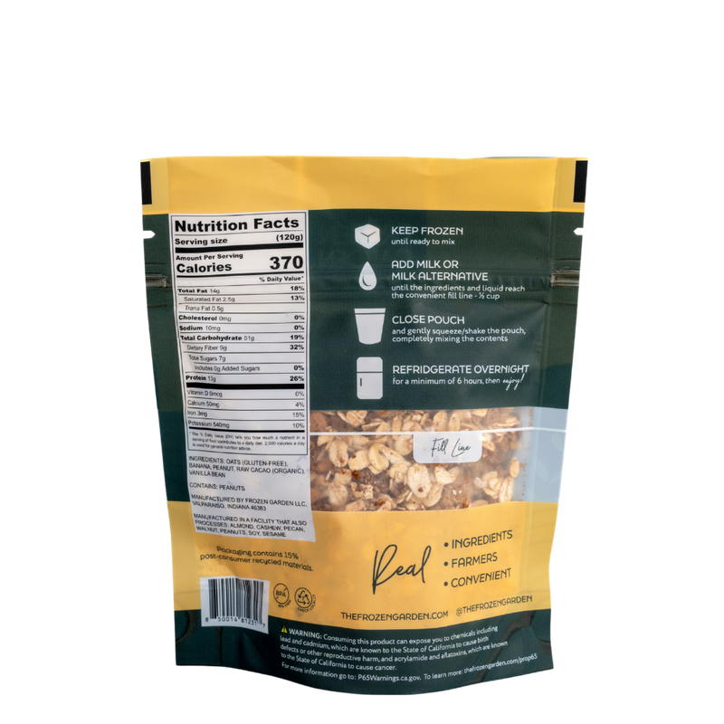 Banana Cacao Overnight Oats pouch back on white background with banana, cacao and oats - Frozen Garden plant-based breakfast.