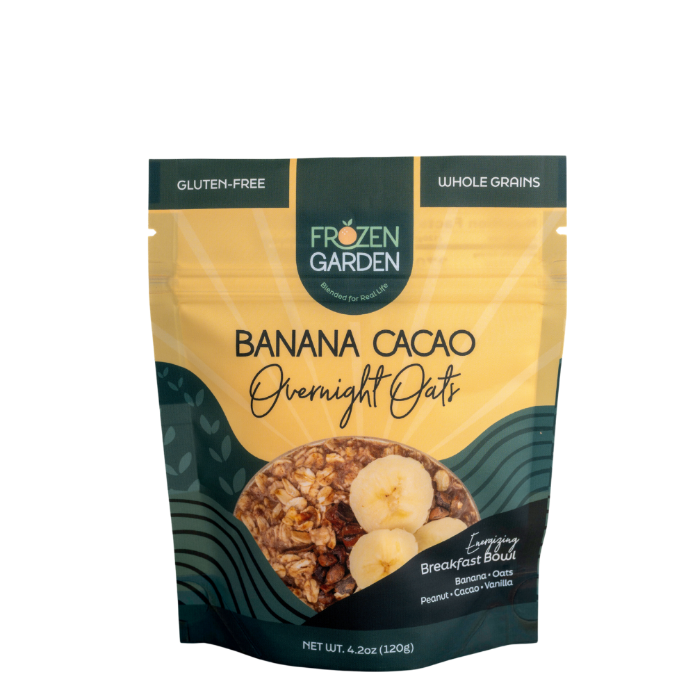 Banana Cacao Overnight Oats pouch on white background with banana, cacao and oats - Frozen Garden plant-based breakfast.