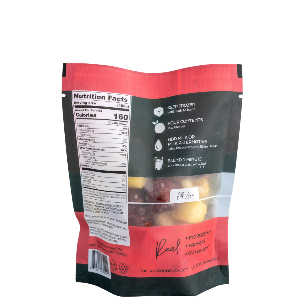 Banana Split Delite pouch back with banana, cherry and coconut - Frozen Garden ready to enjoy plant-based dessert.