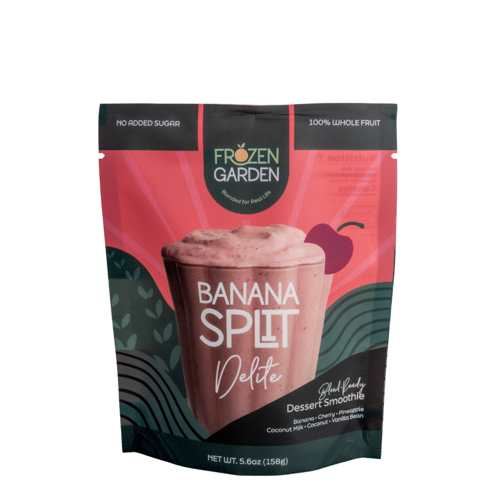 Banana Split Delite pouch with banana, cherry and coconut - Frozen Garden ready to enjoy plant-based dessert.
