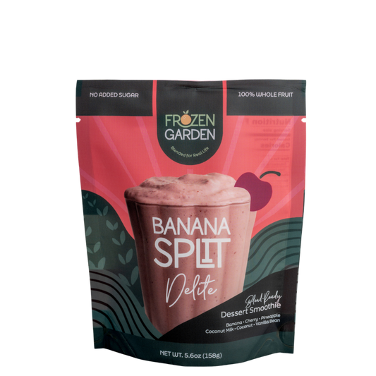 Banana Split Delite pouch with banana, cherry and coconut - Frozen Garden ready to enjoy plant-based dessert.