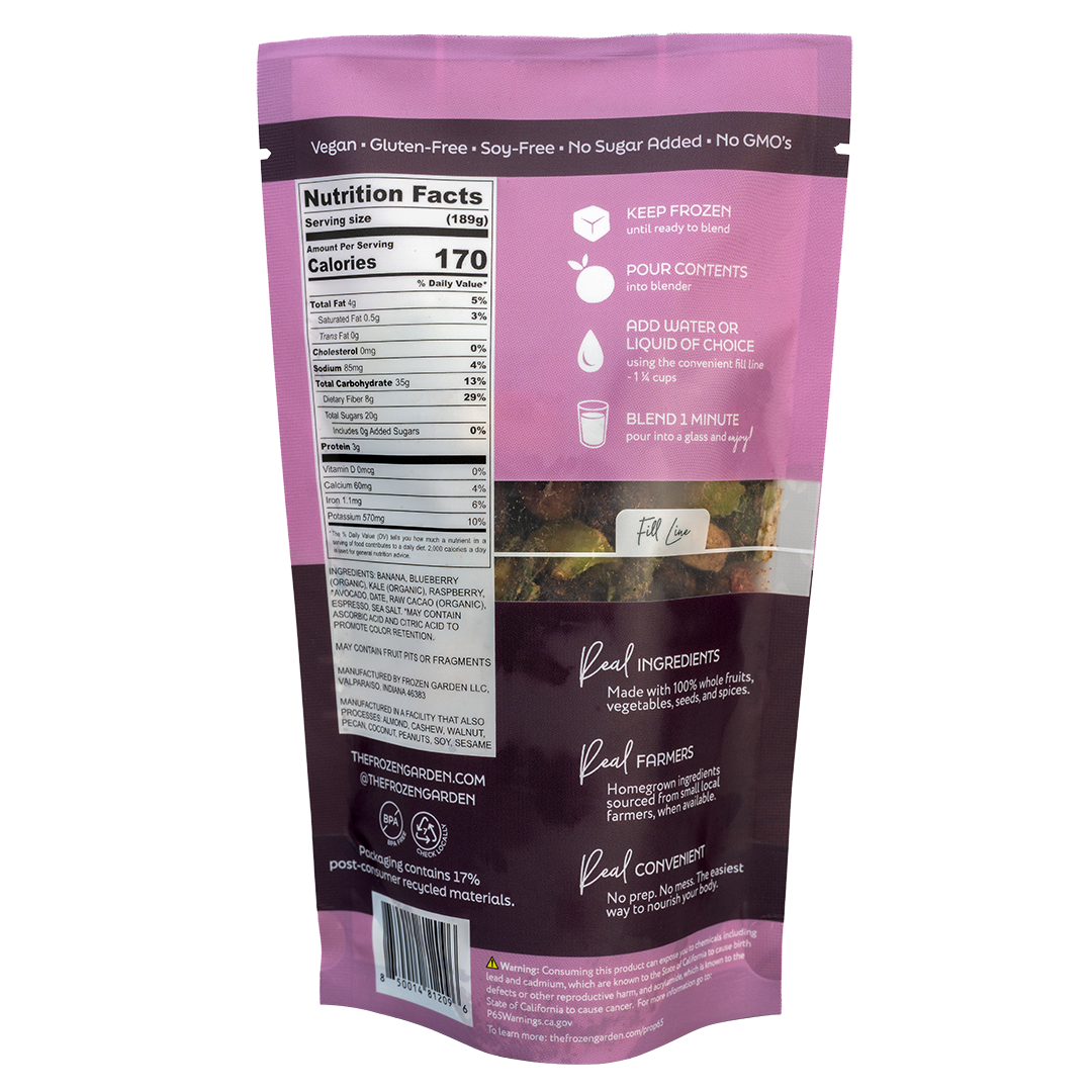 Back of Berry Choco-Latte smoothie pouch showing nutrition facts, ingredients and blending instructions - Frozen Garden.