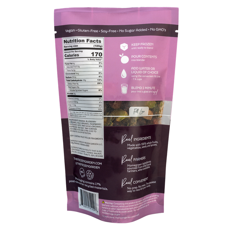 Back of Berry Choco-Latte smoothie pouch showing nutrition facts, ingredients and blending instructions - Frozen Garden.