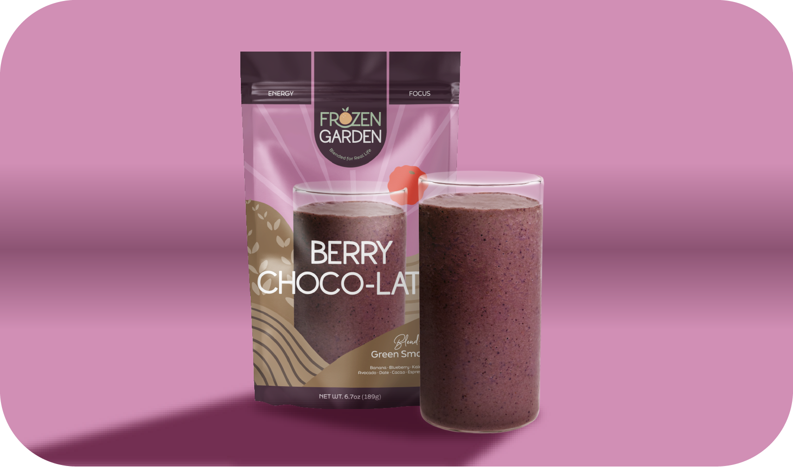 Berry Choco-Latte smoothie pouch beside blended glass - Frozen Garden ready to blend smoothie with raspberries and cacao.