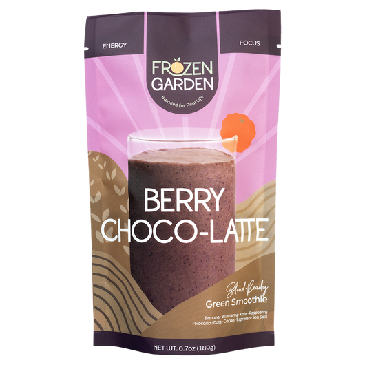 Berry Choco-Latte smoothie pouch with raspberry, cacao and espresso - Frozen Garden ready to blend chocolate berry smoothie.
