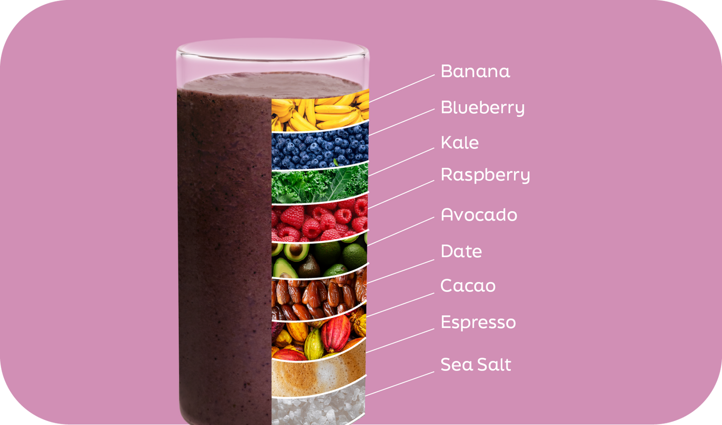 Berry Choco-Latte smoothie ingredients labeled in layers: banana, blueberry, kale, raspberry, avocado, date, cacao, espresso, sea salt - Frozen Garden.