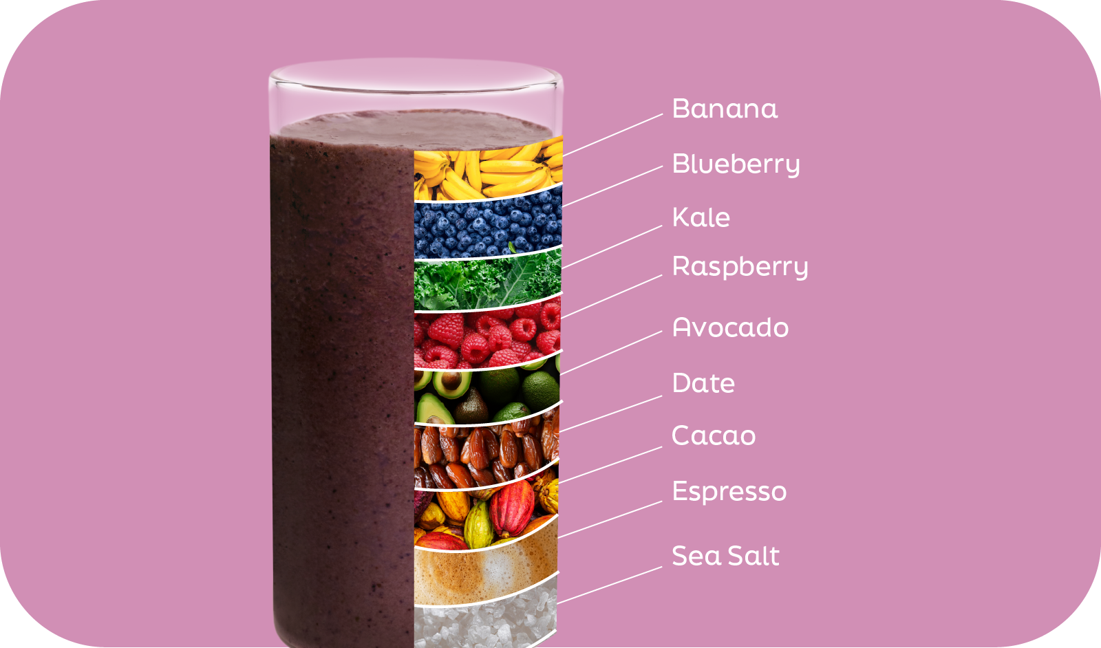 Berry Choco-Latte smoothie ingredients labeled in layers: banana, blueberry, kale, raspberry, avocado, date, cacao, espresso, sea salt - Frozen Garden.