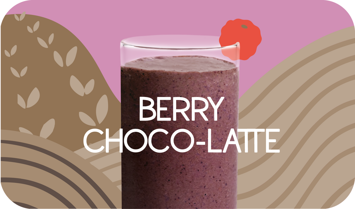 Blended Berry Choco-Latte smoothie in glass, deep brown color with berry design - Frozen Garden healthy chocolate smoothie.
