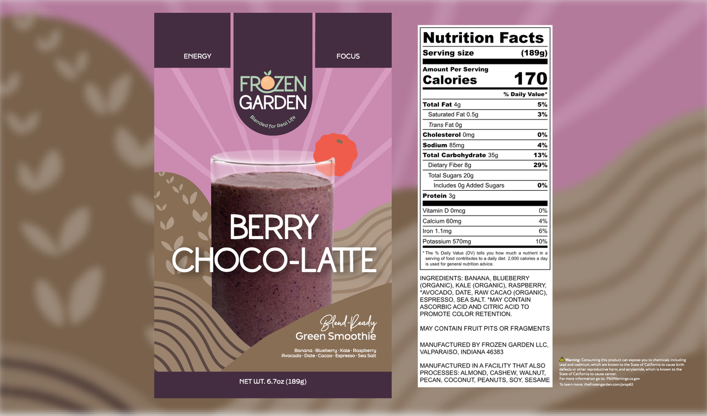 Berry Choco-Latte smoothie front pouch and detailed nutrition facts label side by side - Frozen Garden chocolate berry smoothie.