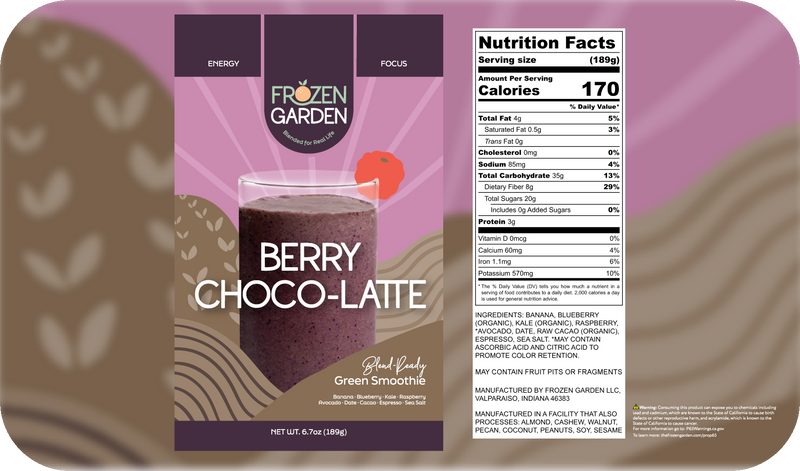 Berry Choco-Latte smoothie front pouch and detailed nutrition facts label side by side - Frozen Garden chocolate berry smoothie.