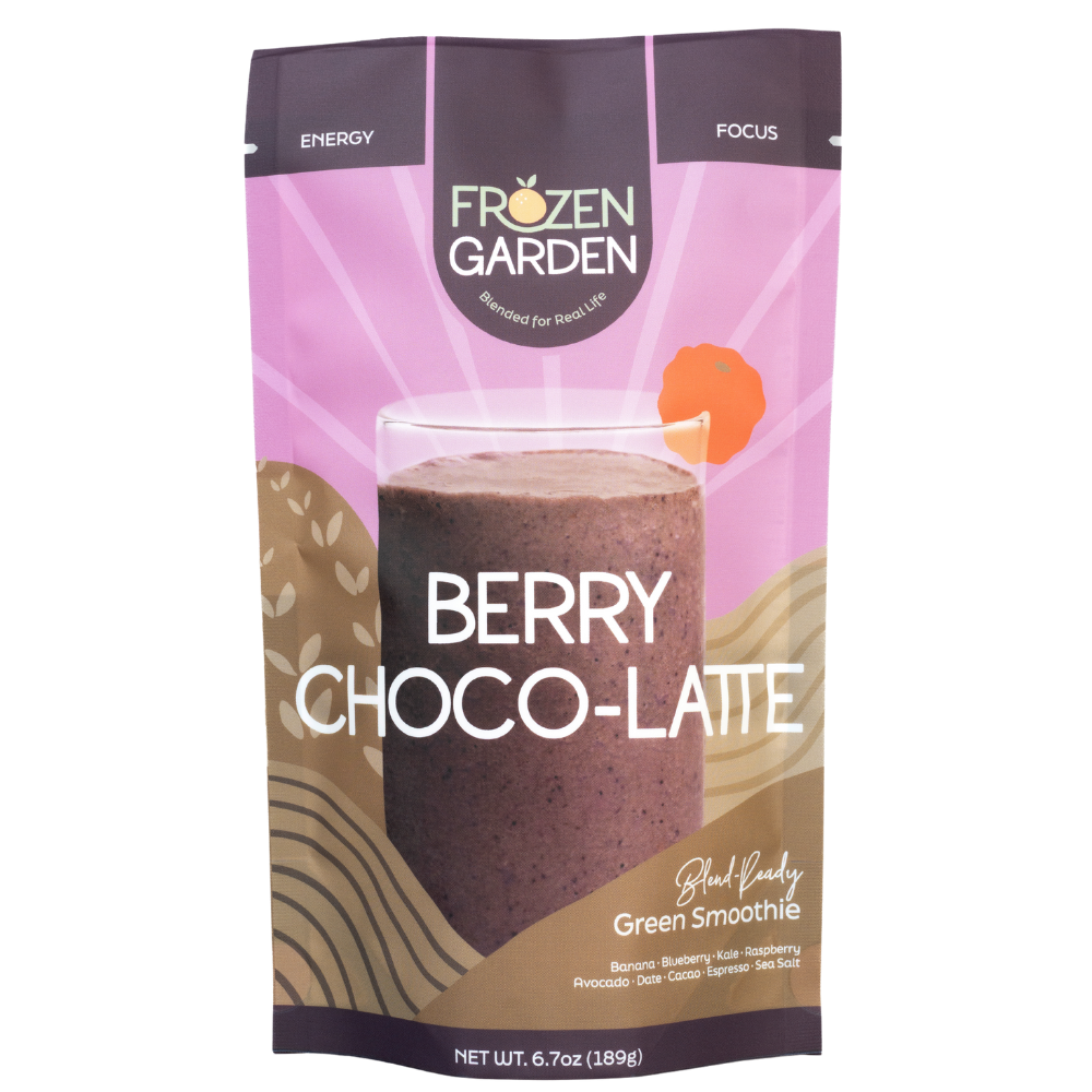 Berry Choco-Latte smoothie pouch with raspberry, cacao and espresso - Frozen Garden ready to blend chocolate berry smoothie.