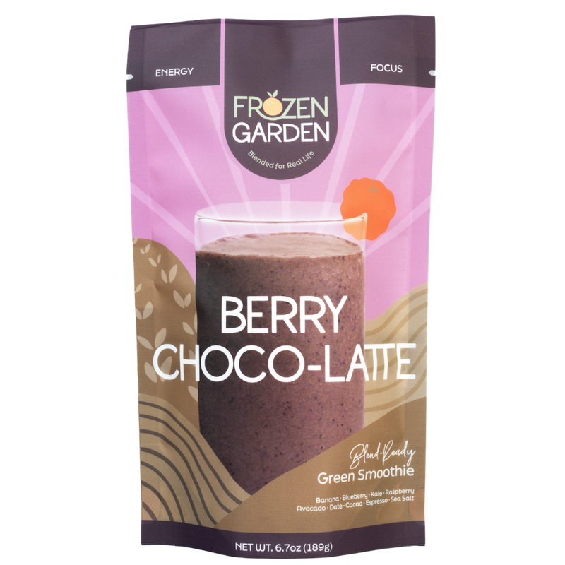 Berry Choco-Latte smoothie pouch with raspberry, cacao and espresso - Frozen Garden ready to blend chocolate berry smoothie.