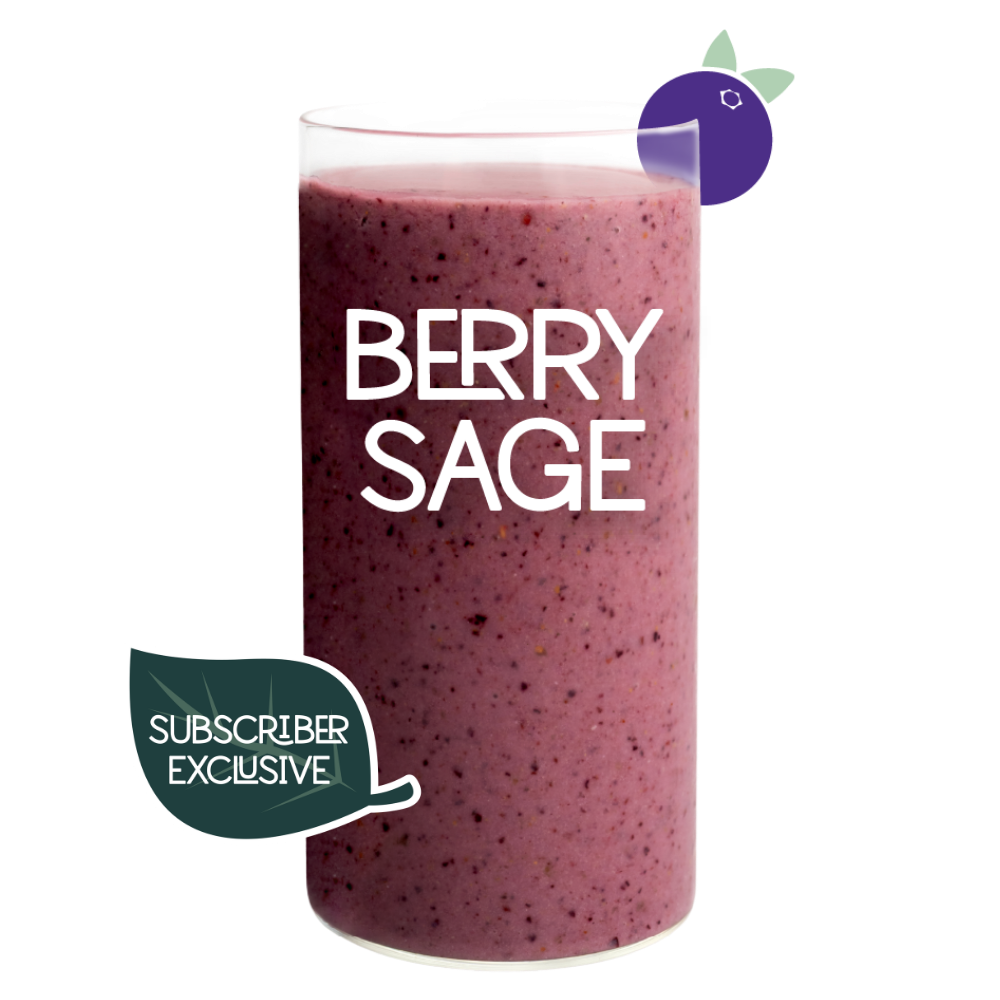 Blended Berry Sage smoothie in glass on clear background - Frozen Garden sage and blueberry smoothie.