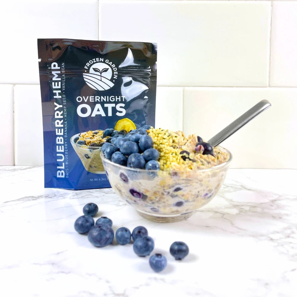 Blueberry Hemp Overnight Oats Lifestyle - Blueberry Overnight Oats - Overnight Blueberry Oats - Frozen Garden