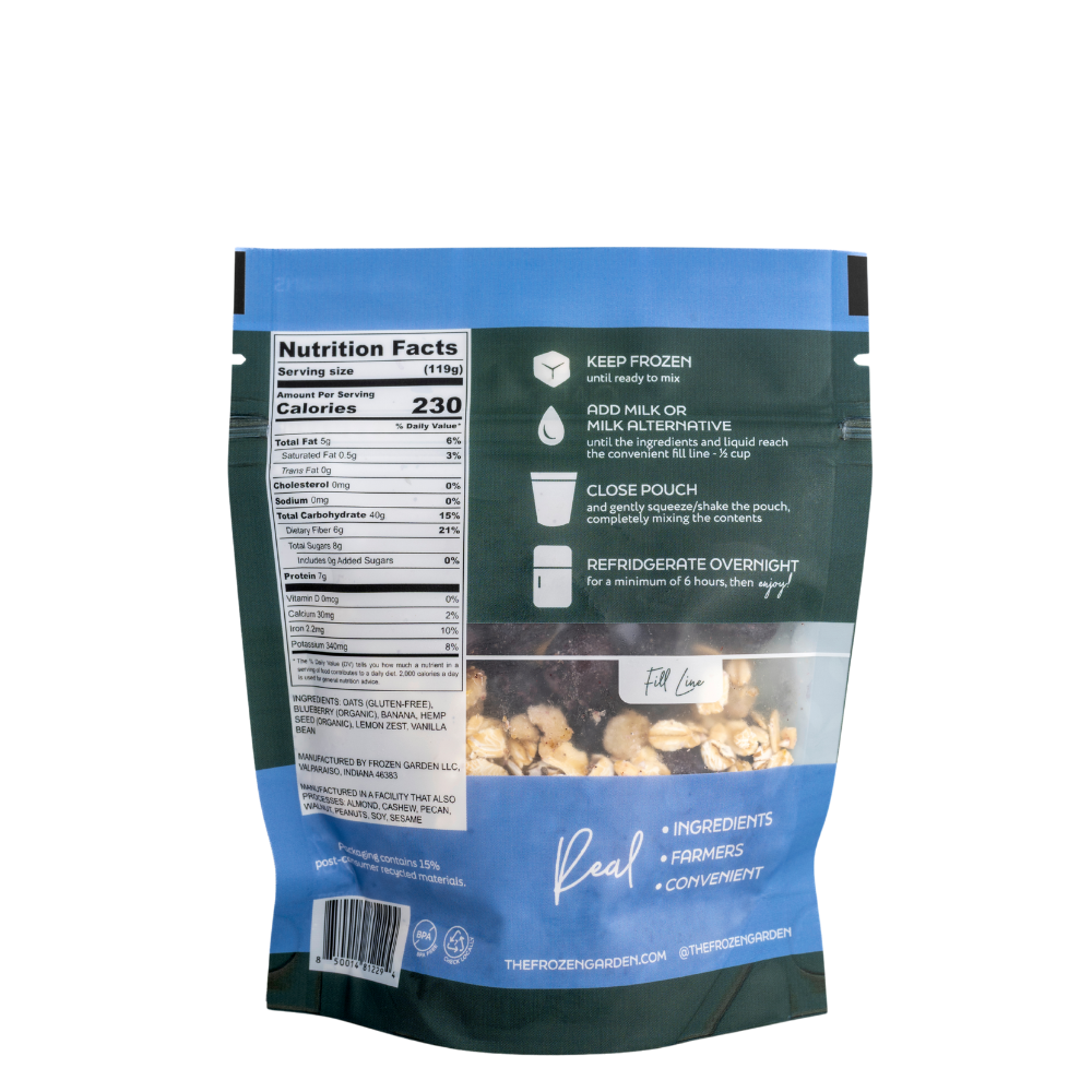 Blueberry Hemp Overnight Oats pouch back on white background with blueberries, oats and hemp seeds - Frozen Garden plant-based breakfast.