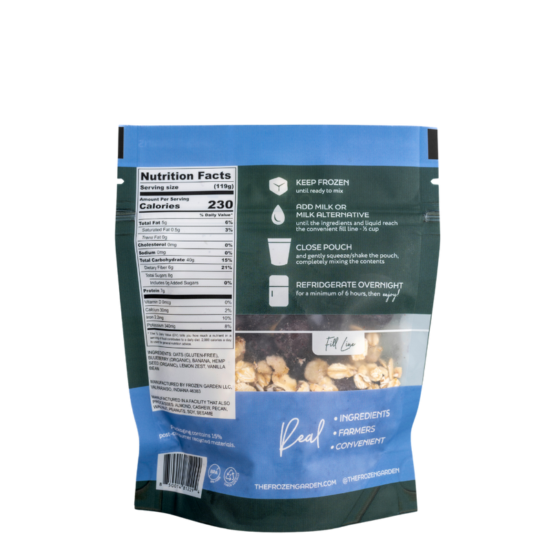 Blueberry Hemp Overnight Oats pouch back on white background with blueberries, oats and hemp seeds - Frozen Garden plant-based breakfast.