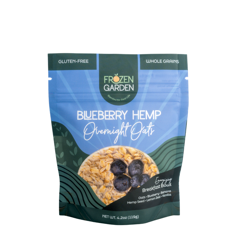 Blueberry Hemp Overnight Oats pouch on white background with blueberries, oats and hemp seeds - Frozen Garden plant-based breakfast.