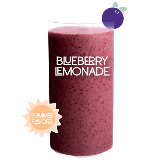 Blended Blueberry Lemonade smoothie in glass on white background - Frozen Garden blueberry and lemon smoothie.
