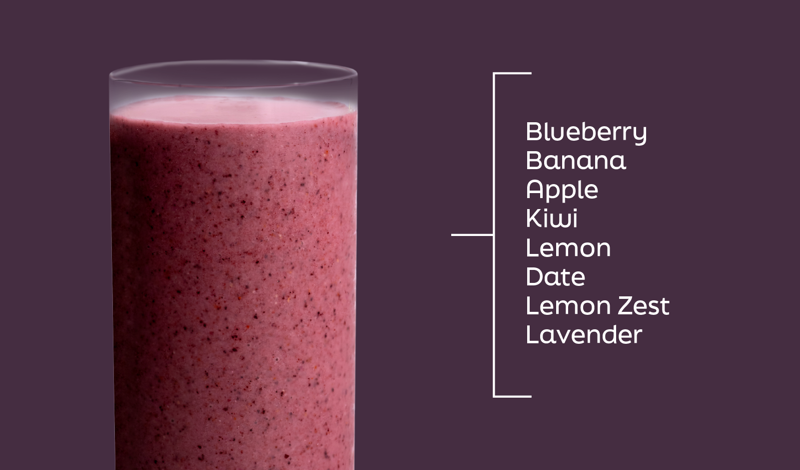 Blueberry Lemonade smoothie ingredients labeled in layers: blueberry, banana, apple, kiwi, lemon, date, lemon zest, lavender - Frozen Garden.