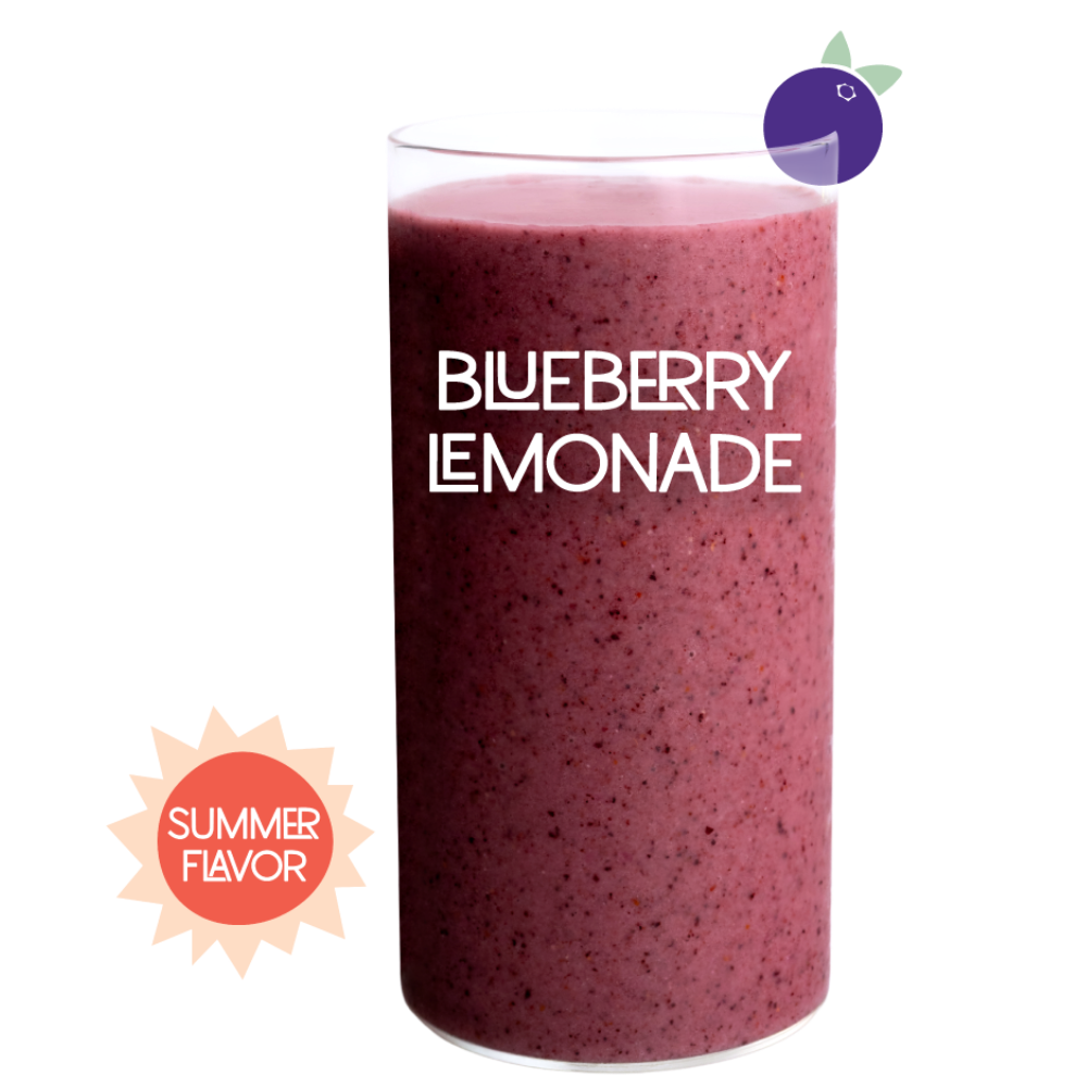 Blended Blueberry Lemonade smoothie in glass on white background - Frozen Garden blueberry and lemon smoothie.
