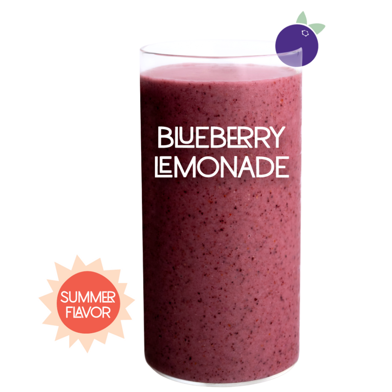 Blended Blueberry Lemonade smoothie in glass on white background - Frozen Garden blueberry and lemon smoothie.