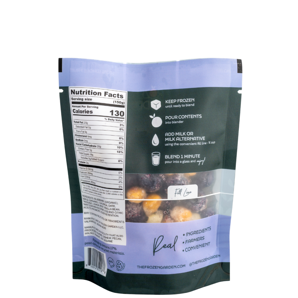 Blueberry Muffin Delite pouch back with blueberries, oats and apple - Frozen Garden ready to enjoy plant-based dessert.