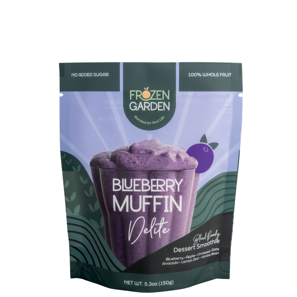Blueberry Muffin Delite pouch with blueberries, oats and apple - Frozen Garden ready to enjoy plant-based dessert.