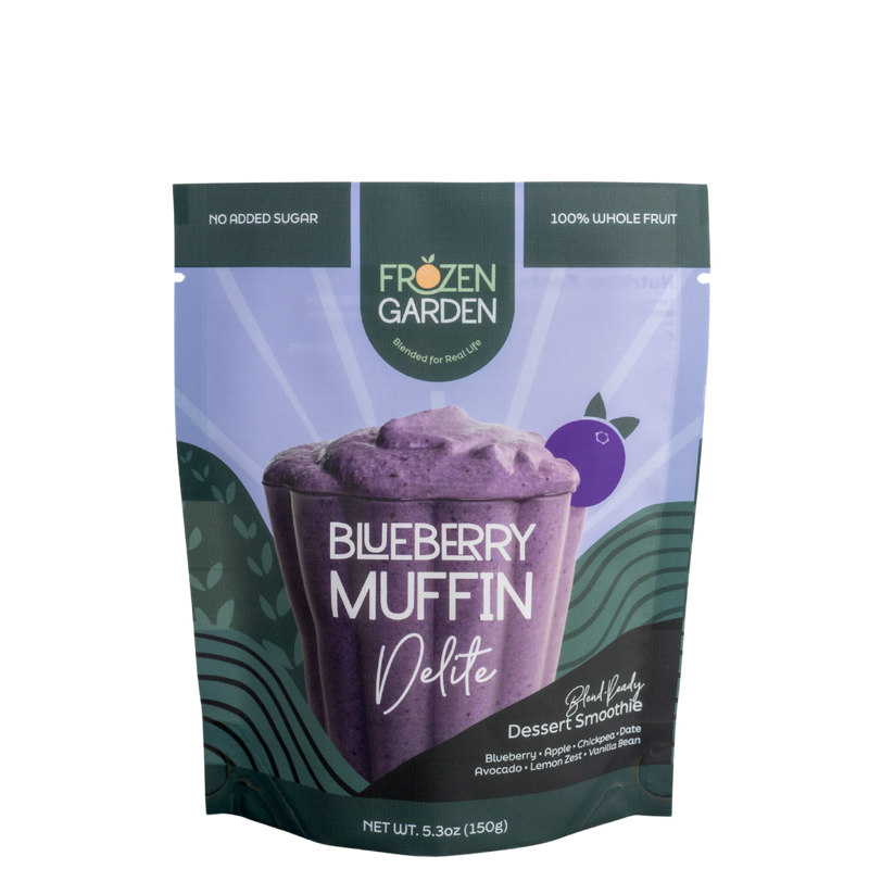 Blueberry Muffin Delite pouch with blueberries, chickpeas and apple - Frozen Garden ready to enjoy plant-based dessert smoothie.