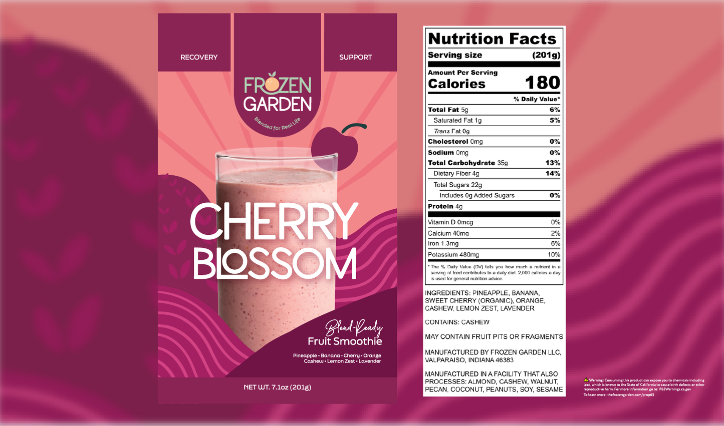 Cherry Blossom smoothie front pouch and detailed nutrition facts label side by side - Frozen Garden fruit smoothie.